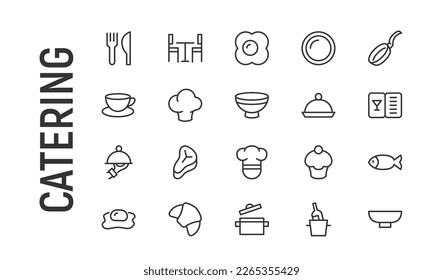 Conjunto simple de líneas de iconos de catering. Objetos de primera calidad. Señales vectoriales aisladas en un fondo blanco. Paquete de pictogramas de restauración.