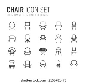 Simple line set of chair icons. Premium quality objects. Vector signs isolated on a white background. Pack of chair pictograms.