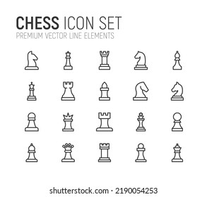 Simple line set of chess icons. Premium quality objects. Vector signs isolated on a white background. Pack of chess pictograms.