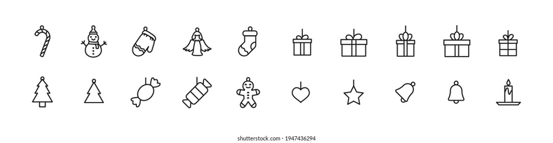 Simple line set of Christmas toys icons. Premium quality objects. Vector signs isolated on a white background. Pack of Christmas toys pictograms.