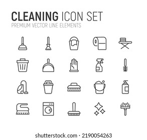 Simple line set of cleaning icons. Premium quality objects. Vector signs isolated on a white background. Pack of cleaning pictograms.