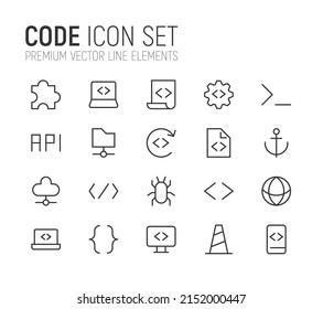 Simple line set of code icons. Premium quality objects. Vector signs isolated on a white background. Pack of code pictograms.