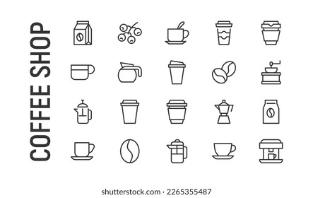 Conjunto simple de líneas de iconos de cafeterías. Objetos de primera calidad. Señales vectoriales aisladas en un fondo blanco. Envase de pictogramas de la cafetería.