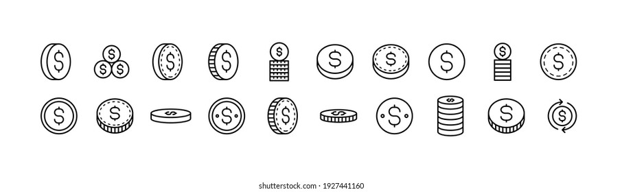 Simple line set of coin icons. Premium quality objects. Vector signs isolated on a white background. Pack of coin pictograms.