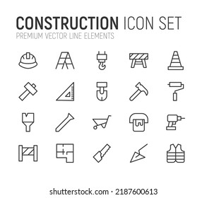 Simple line set of construction icons. Premium quality objects. Vector signs isolated on a white background. Pack of construction pictograms.