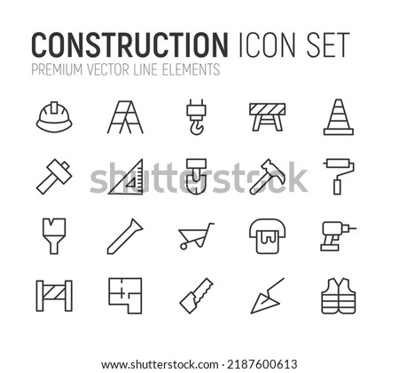 Simple line set of construction icons. Premium quality objects. Vector signs isolated on a white background. Pack of construction pictograms.