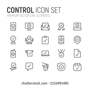 Conjunto simple de líneas de iconos de control. Objetos de primera calidad. Señales vectoriales aisladas en un fondo blanco. Envase de pictogramas de control.