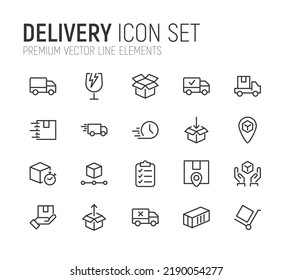 Simple line set of delivery icons. Premium quality objects. Vector signs isolated on a white background. Pack of delivery pictograms.
