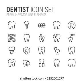 Simple line set of dentist icons. Premium quality objects. Vector signs isolated on a white background. Pack of dentist pictograms.