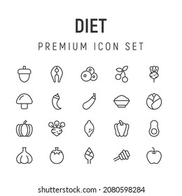 Conjunto simple de íconos dietéticos. Objetos de primera calidad. Señales vectoriales aisladas en un fondo blanco. Envase de pictogramas de dieta.