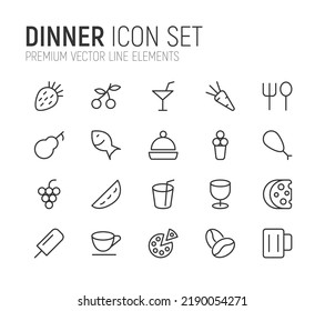 Simple line set of dinner icons. Premium quality objects. Vector signs isolated on a white background. Pack of dinner pictograms.