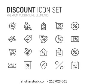 Conjunto simple de líneas de iconos de descuento. Objetos de primera calidad. Señales vectoriales aisladas en un fondo blanco. Paquete de pictogramas de descuento.