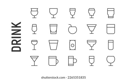 Simple line set of drink icons. Premium quality objects. Vector signs isolated on a white background. Pack of drink pictograms.