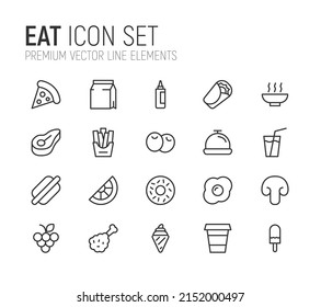 Simple line set of eat icons. Premium quality objects. Vector signs isolated on a white background. Pack of eat pictograms.