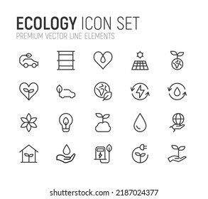 Simple line set of ecology icons. Premium quality objects. Vector signs isolated on a white background. Pack of ecology pictograms.