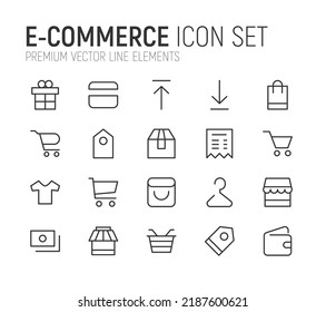 Simple line set of e-commerce icons. Premium quality objects. Vector signs isolated on a white background. Pack of e-commerce pictograms.