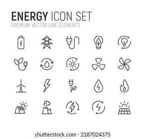 Simple line set of energy icons. Premium quality objects. Vector signs isolated on a white background. Pack of energy pictograms.