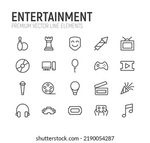 Simple line set of entertainment icons. Premium quality objects. Vector signs isolated on a white background. Pack of entertainment pictograms.