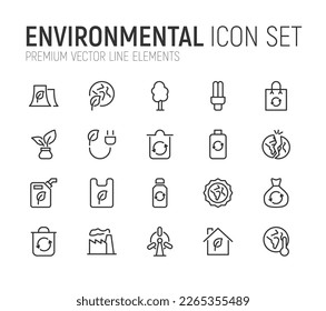 Simple line set of environmental icons. Premium quality objects. Vector signs isolated on a white background. Pack of environmental pictograms.