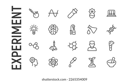 Simple line set of experiment icons. Premium quality objects. Vector signs isolated on a white background. Pack of experiment pictograms.