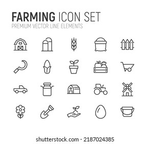 Simple line set of farming icons. Premium quality objects. Vector signs isolated on a white background. Pack of farming pictograms.