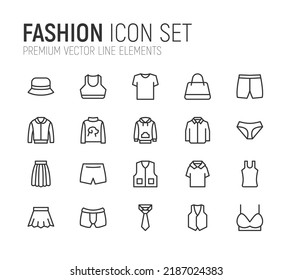 Simple line set of fashion icons. Premium quality objects. Vector signs isolated on a white background. Pack of fashion pictograms.