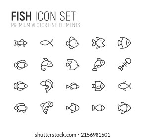 Conjunto simple de líneas de iconos de peces. Objetos de primera calidad. Señales vectoriales aisladas en un fondo blanco. Envase de pictogramas de pescado.