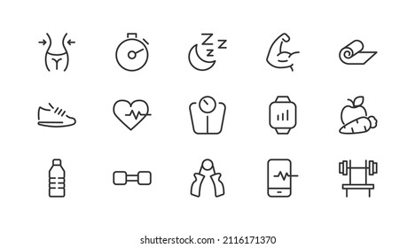 Simple line set of fitness  icons. Premium quality objects. Vector signs isolated on a white background. Pack of fitness  pictograms.