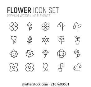 Simple line set of flower icons. Premium quality objects. Vector signs isolated on a white background. Pack of flower pictograms.