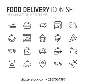 Simple line set of food delivery icons. Premium quality objects. Vector signs isolated on a white background. Pack of food delivery pictograms.