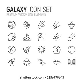 Simple line set of galaxy icons. Premium quality objects. Vector signs isolated on a white background. Pack of galaxy pictograms.