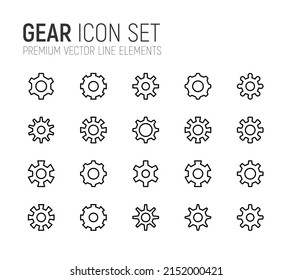 Simple line set of gear icons. Premium quality objects. Vector signs isolated on a white background. Pack of gear pictograms.