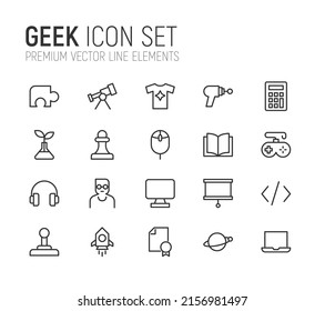 Simple line set of geek icons. Premium quality objects. Vector signs isolated on a white background. Pack of geek pictograms.