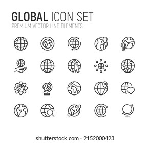 Conjunto simple de líneas de iconos globales. Objetos de primera calidad. Señales vectoriales aisladas en un fondo blanco. Paquete de pictogramas globales.