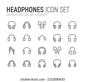 Simple line set of headphones icons. Premium quality objects. Vector signs isolated on a white background. Pack of headphones pictograms.