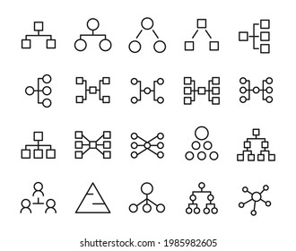 Einfache Zeilenanzahl von hierarchischen Symbolen. Qualitativ hochwertige Objekte. Vektorzeichen einzeln auf weißem Hintergrund. Paket von hierarchischen Piktogrammen.