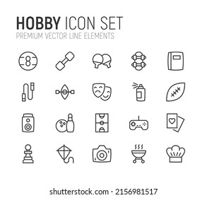 Simple line set of hobby icons. Premium quality objects. Vector signs isolated on a white background. Pack of hobby pictograms.