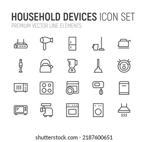 Simple line set of household devices icons. Premium quality objects. Vector signs isolated on a white background. Pack of household devices pictograms.