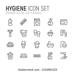 Juego de líneas simples de iconos de higiene. Objetos de primera calidad. Señales vectoriales aisladas en un fondo blanco. Paquete de pictogramas de higiene.