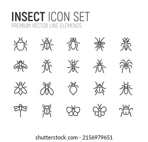 Conjunto simple de líneas de iconos de insectos. Objetos de primera calidad. Señales vectoriales aisladas en un fondo blanco. Envase de pictogramas para insectos.