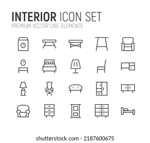 Simple line set of interior icons. Premium quality objects. Vector signs isolated on a white background. Pack of interior pictograms.