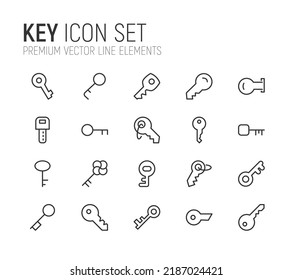 Conjunto simple de líneas de iconos de clave. Objetos de primera calidad. Señales vectoriales aisladas en un fondo blanco. Paquete de pictogramas clave.