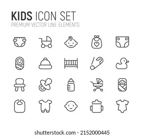 Simple line set of kids icons. Premium quality objects. Vector signs isolated on a white background. Pack of kids pictograms.