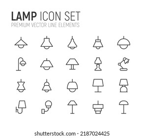 Simple line set of lamp icons. Premium quality objects. Vector signs isolated on a white background. Pack of lamp pictograms.