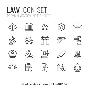 Simple line set of law icons. Premium quality objects. Vector signs isolated on a white background. Pack of law pictograms.