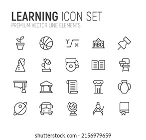 Simple line set of learning icons. Premium quality objects. Vector signs isolated on a white background. Pack of learning pictograms.
