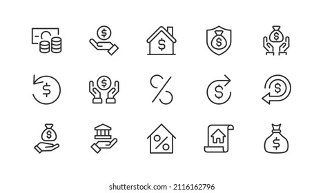 Conjunto simple de líneas de iconos de préstamos. Objetos de primera calidad. Señales vectoriales aisladas en un fondo blanco. Paquete de pictogramas de préstamo.