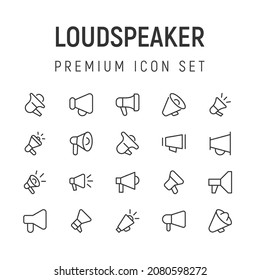 Simple line set of loudspeaker icons. Premium quality objects. Vector signs isolated on a white background. Pack of loudspeaker pictograms.