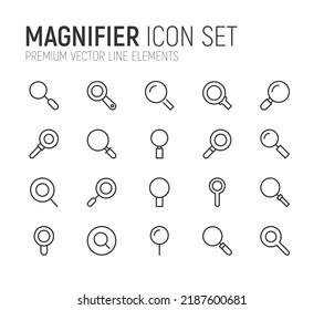 Conjunto simple de líneas de iconos de magnificación. Objetos de primera calidad. Señales vectoriales aisladas en un fondo blanco. Paquete de pictogramas de aumento.