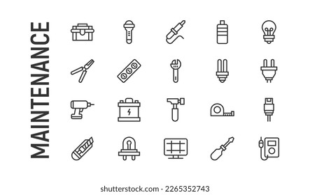 Conjunto simple de líneas de iconos de mantenimiento. Objetos de primera calidad. Señales vectoriales aisladas en un fondo blanco. Paquete de pictogramas de mantenimiento.